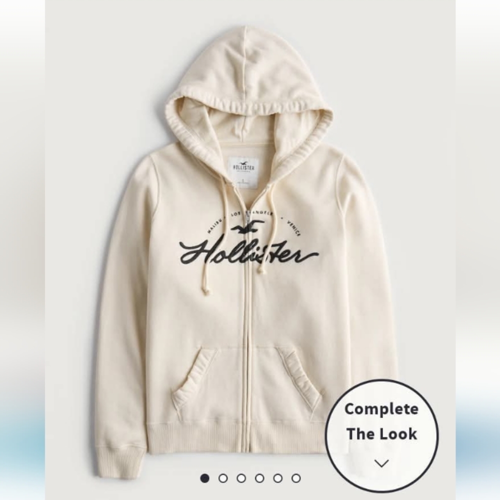 Hollister Women's Easy Embroidered Logo Graphic Full Zip Hoodie Cream NWOT - Picture 6 of 9